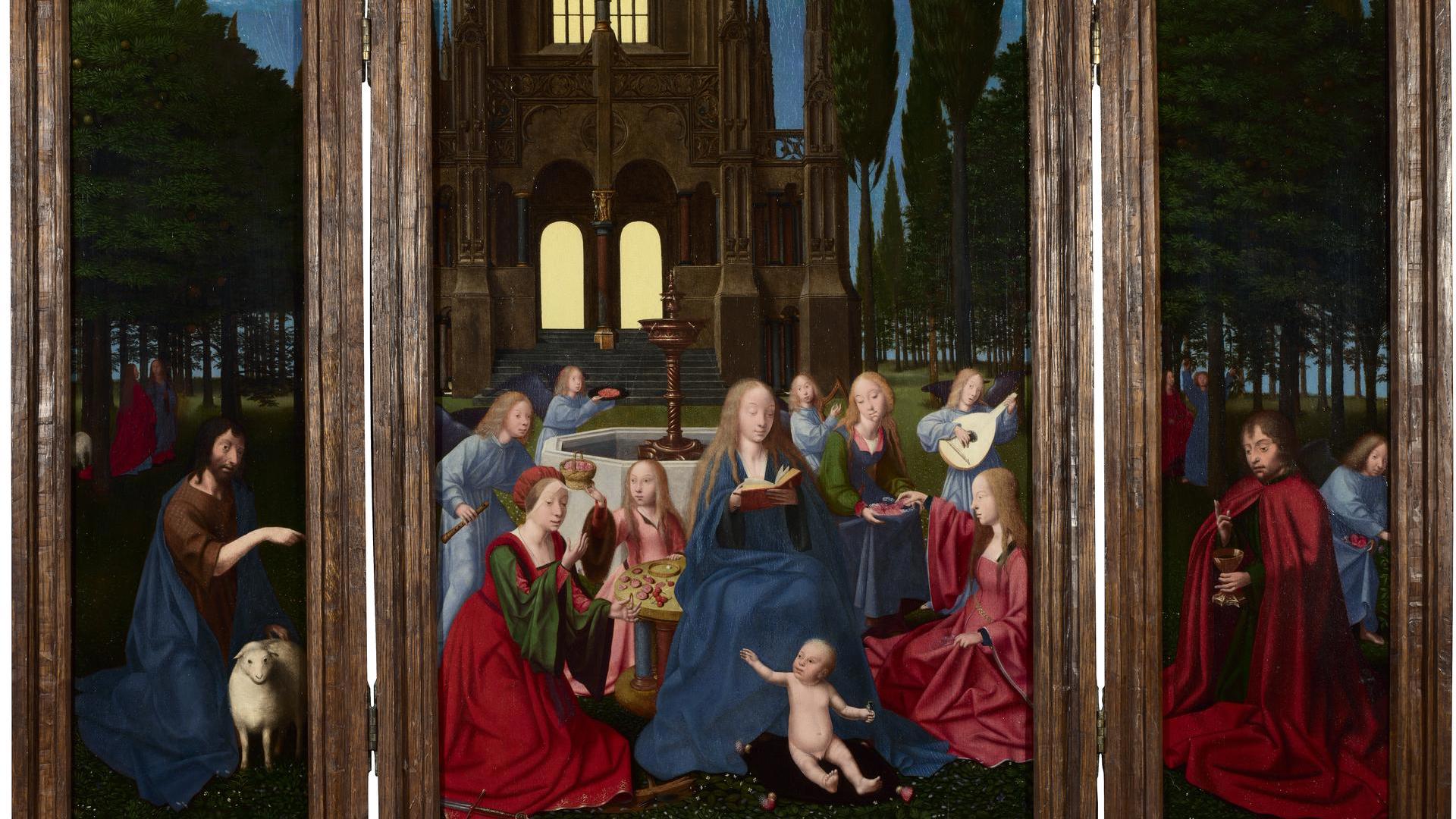The Virgin and Child with Saints and Angels in a Garden by Follower of Quinten Massys