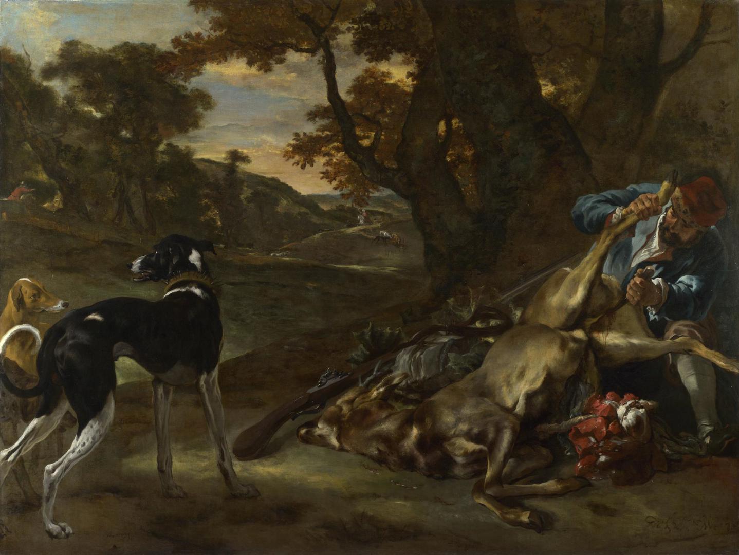 A Huntsman cutting up a Dead Deer, with Two Deerhounds by Jan Baptist Weenix