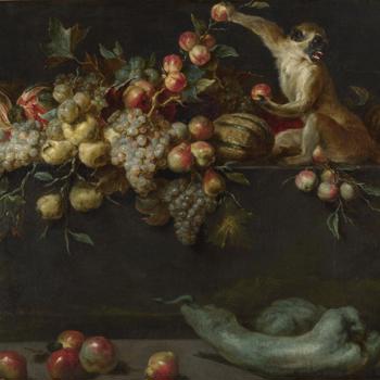 Still Life of Fruit and Vegetables with Two Monkeys