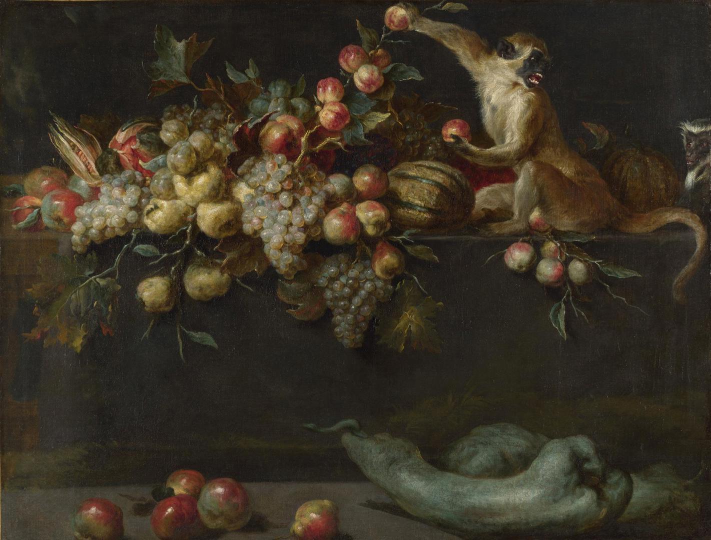 Still Life of Fruit and Vegetables with Two Monkeys by Jan Roos