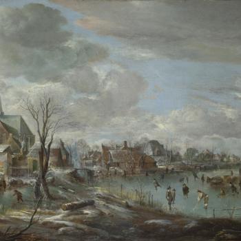 A Frozen River near a Village, with Golfers and Skaters