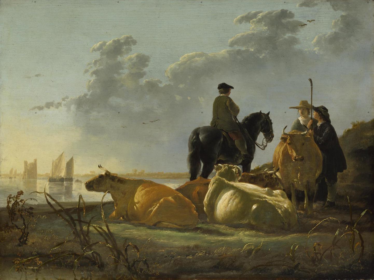Peasants and Cattle by the River Merwede by Aelbert Cuyp