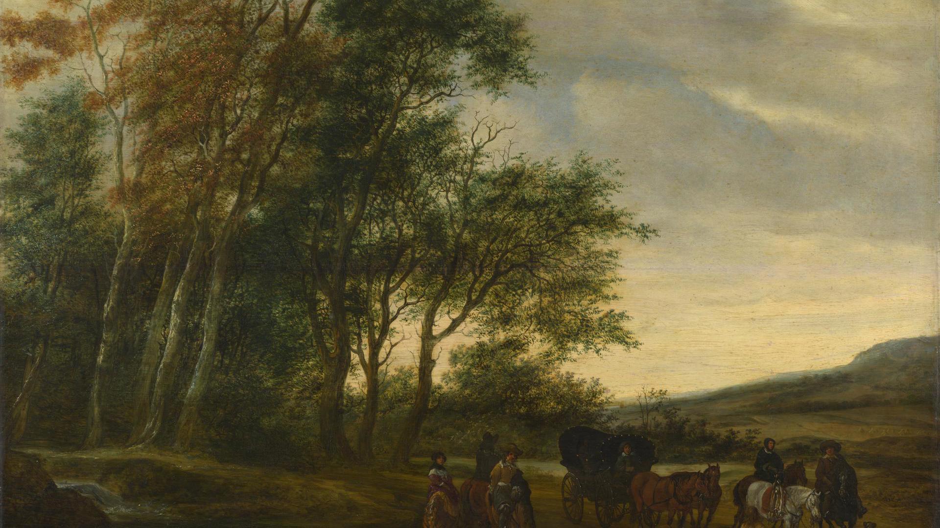 A Landscape with a Carriage and Horsemen at a Pool by Salomon van Ruysdael