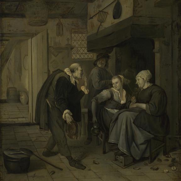 An Itinerant Musician saluting Two Women in a Kitchen