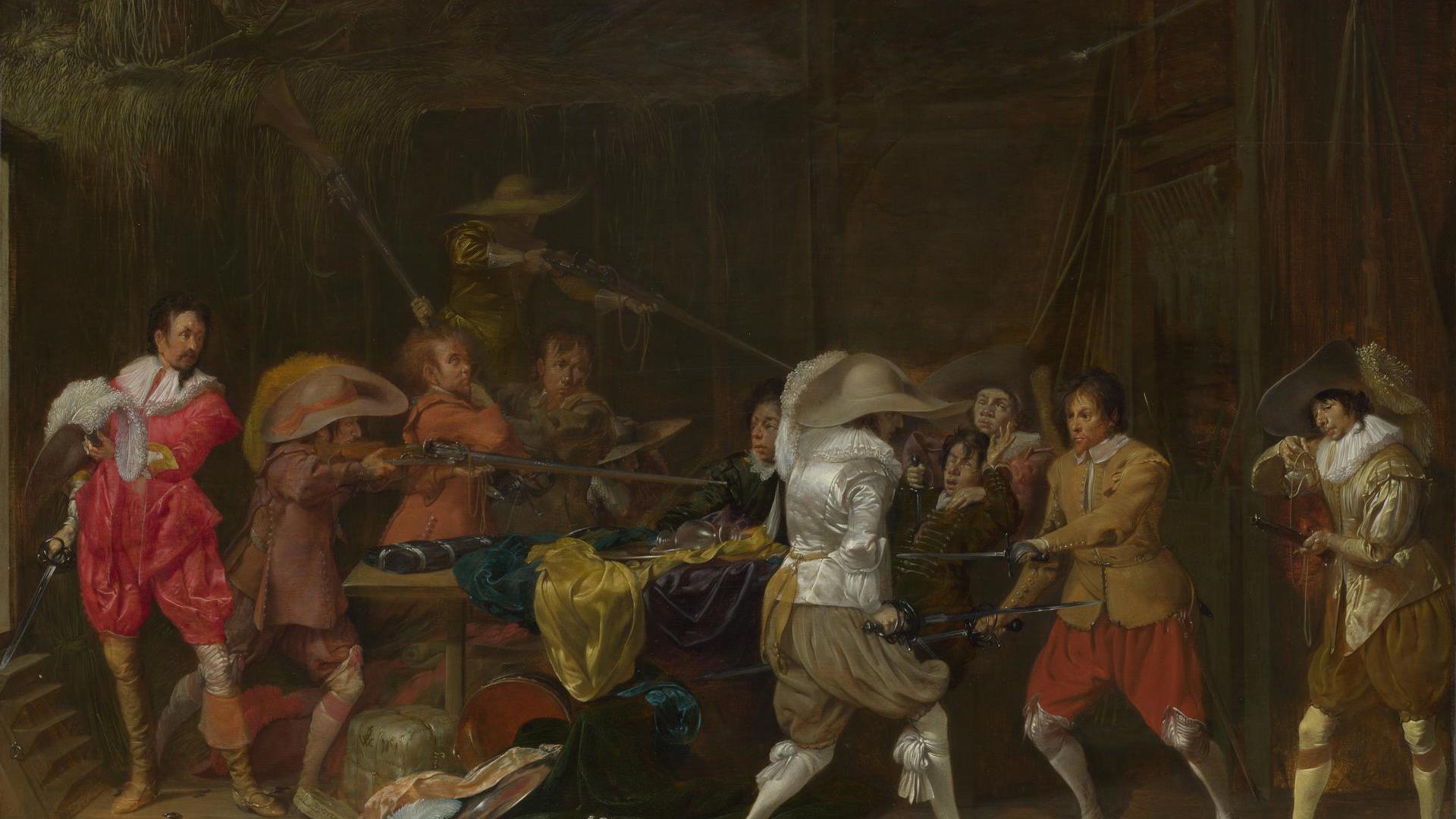 Soldiers fighting over Booty in a Barn by Willem Duyster