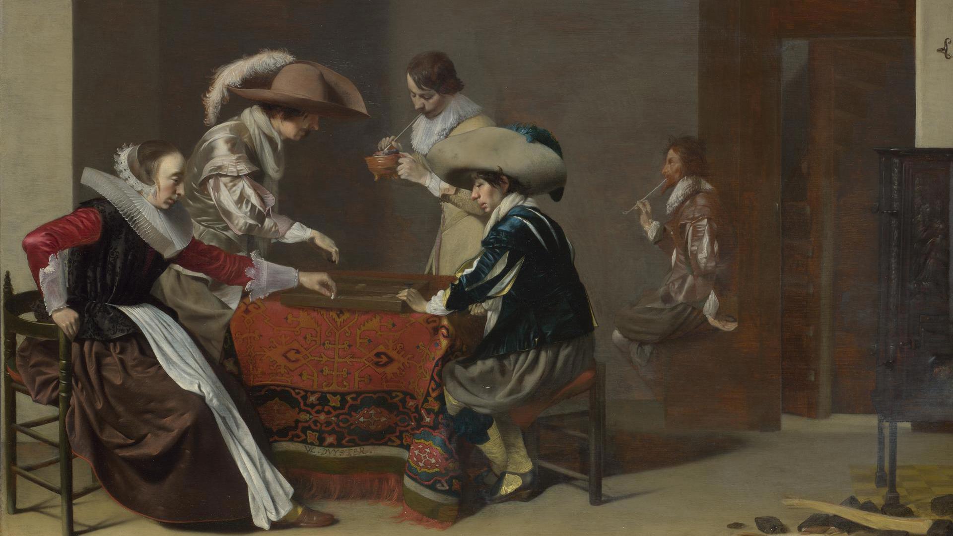 Two Men playing Tric-trac, with a Woman scoring by Willem Duyster