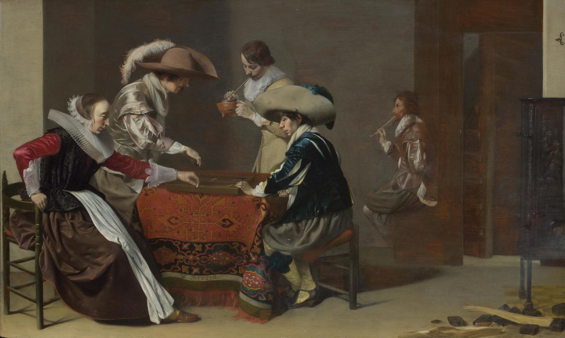 Two Men playing Tric-trac, with a Woman scoring by Willem Duyster