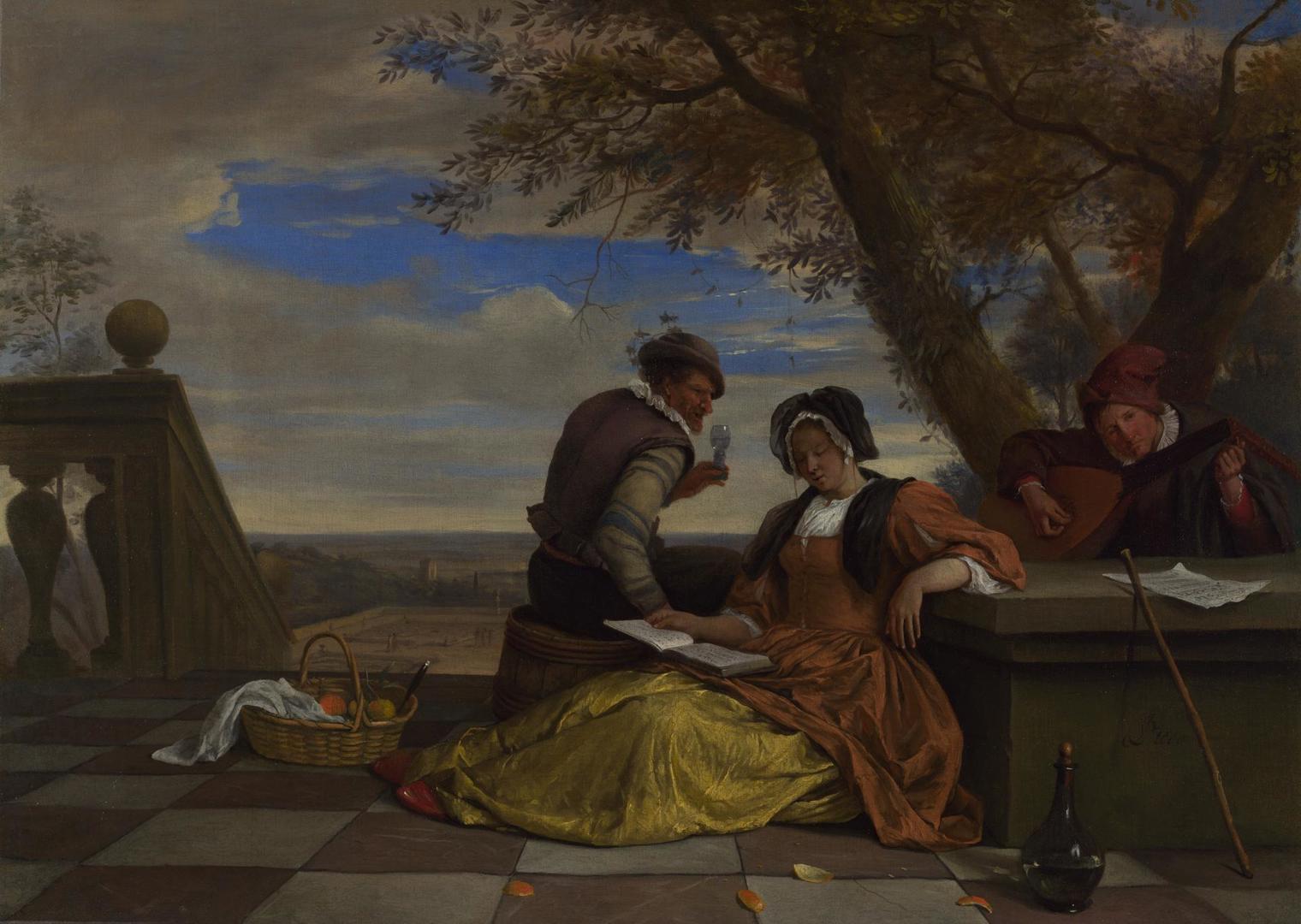Two Men and a Young Woman making Music on a Terrace by Jan Steen
