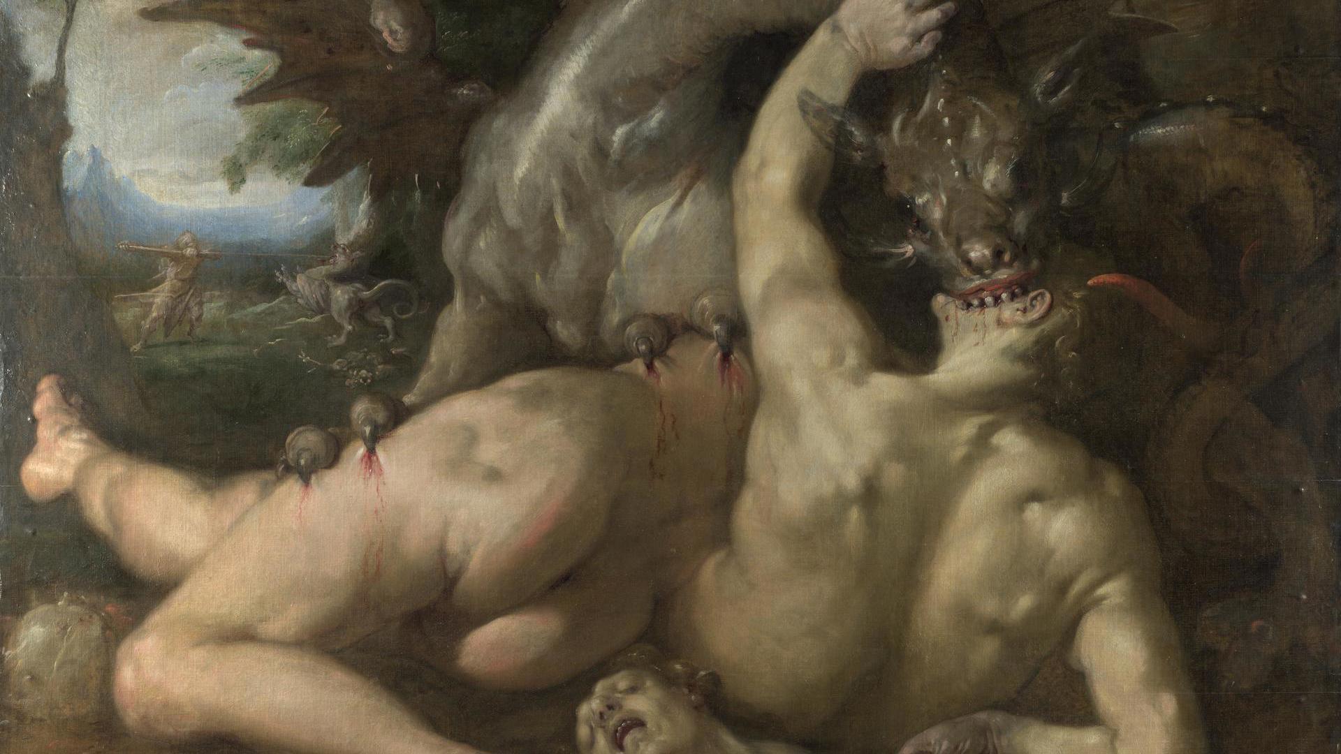 Two Followers of Cadmus devoured by a Dragon by Cornelis van Haarlem
