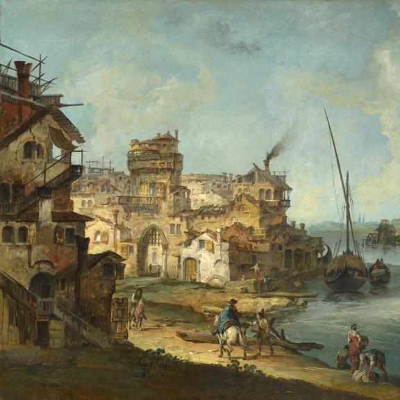 Buildings and Figures near a River with Shipping