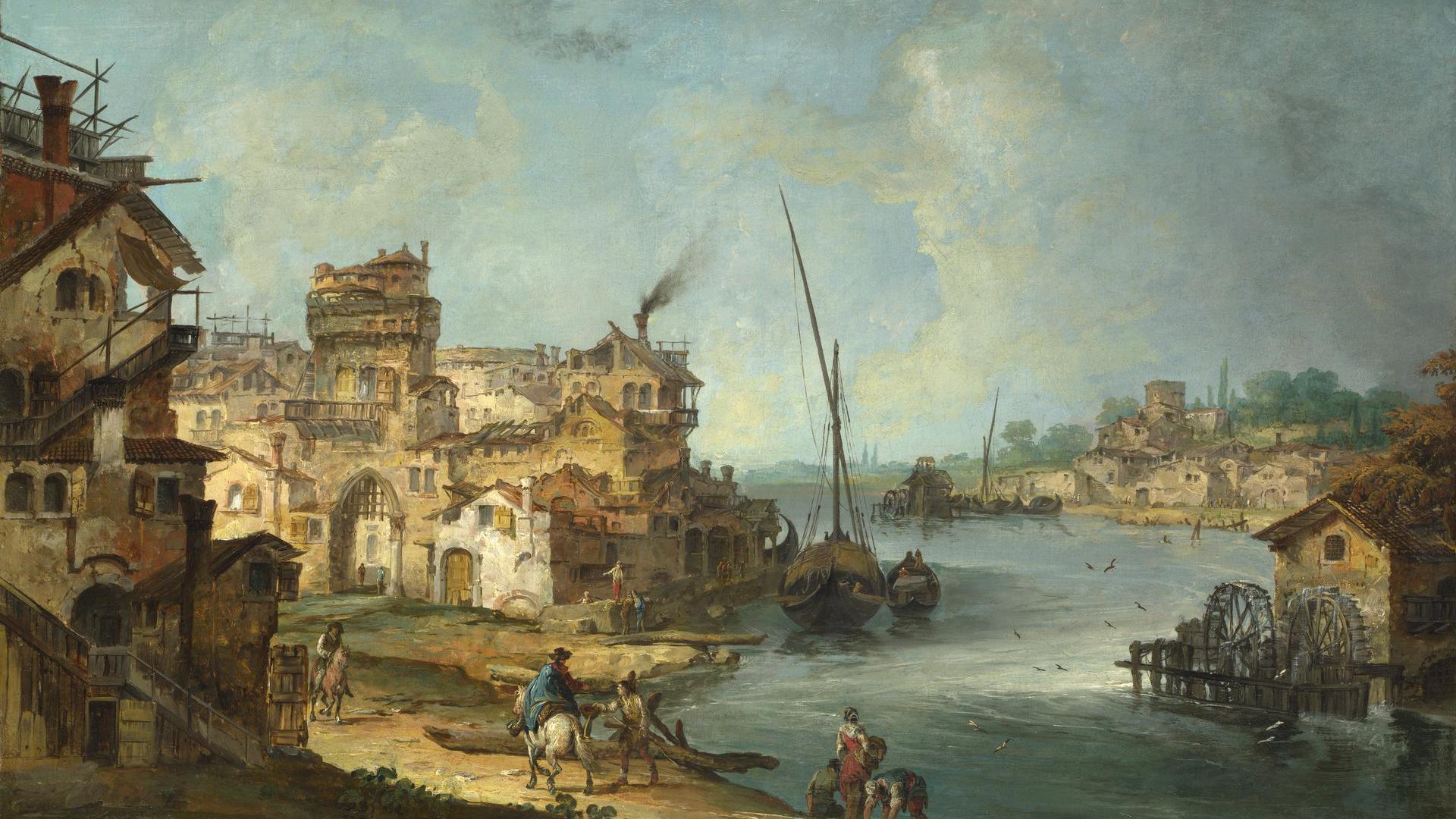 Buildings and Figures near a River with Shipping by Michele Marieschi