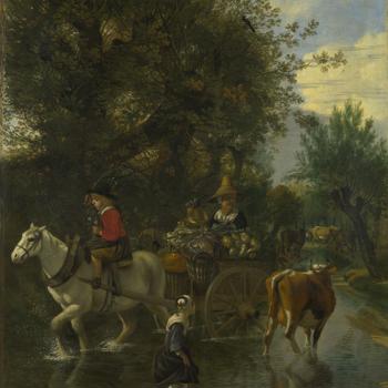 A Cowherd passing a Horse and Cart in a Stream