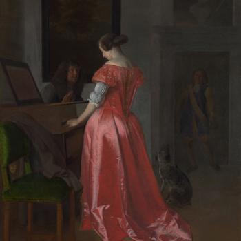 A Woman standing at a Harpsichord, a Man seated by her
