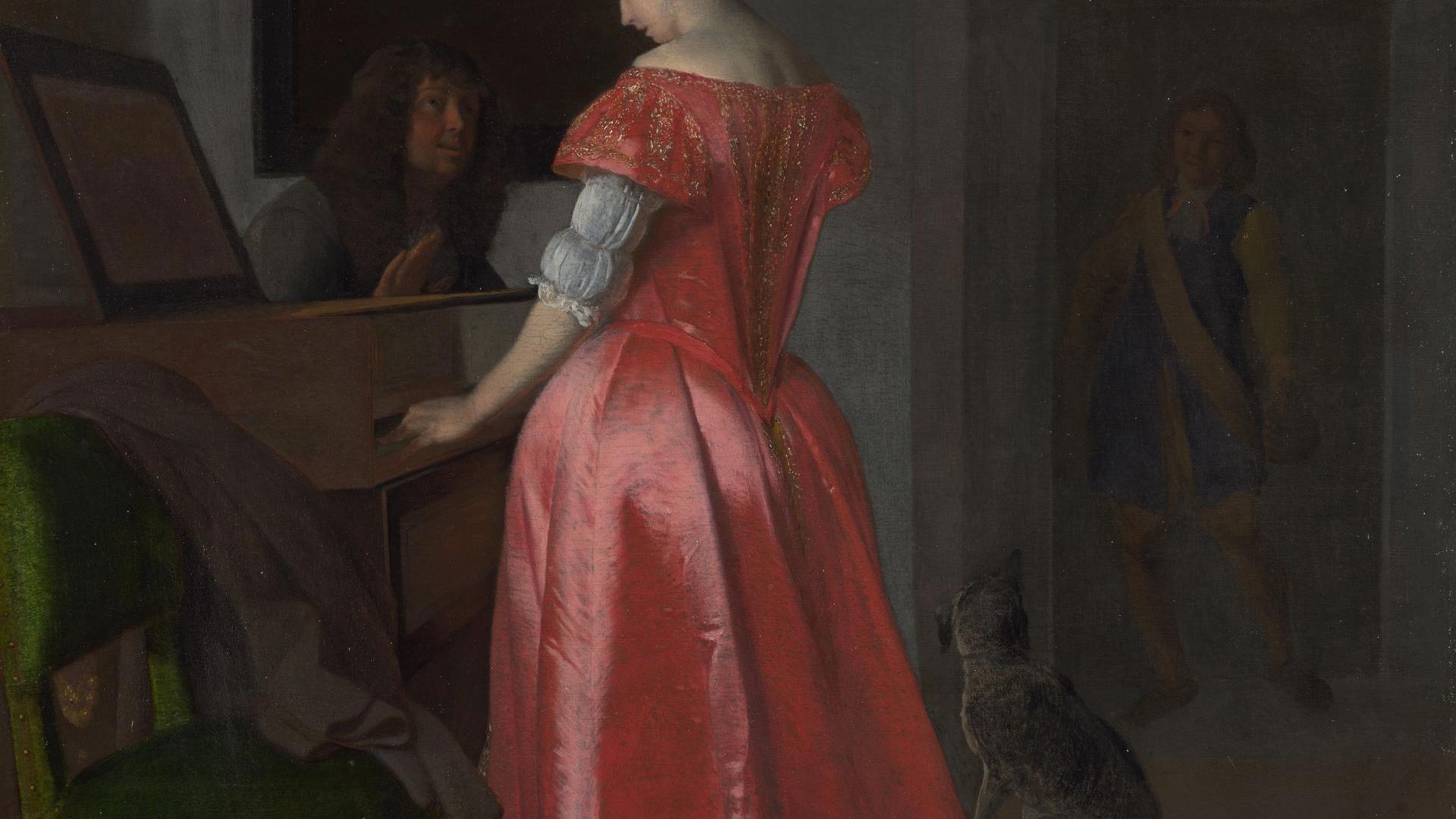 A Woman standing at a Harpsichord, a Man seated by her by Jacob Ochtervelt