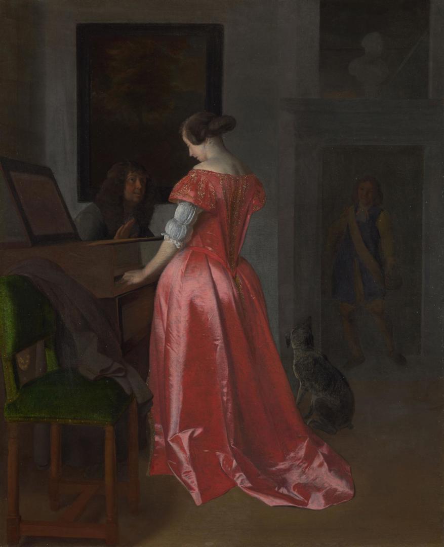 A Woman standing at a Harpsichord, a Man seated by her by Jacob Ochtervelt