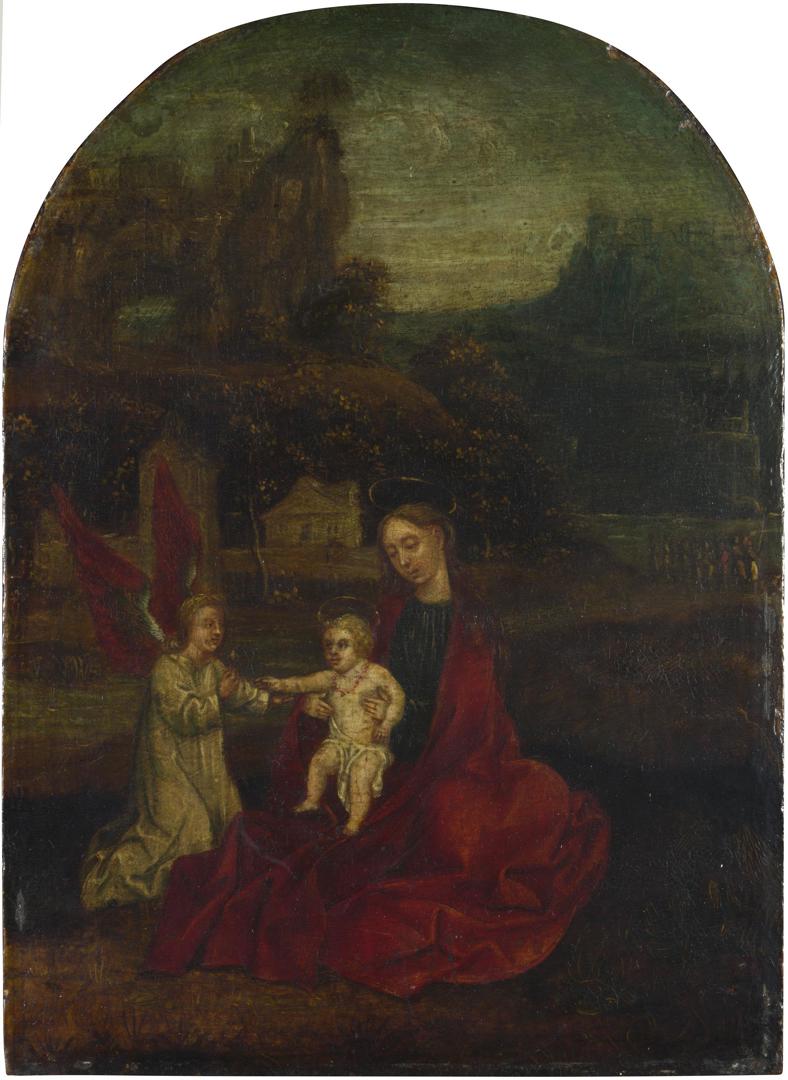 The Virgin and Child with an Angel in a Landscape by Late Imitator of Rogier van der Weyden
