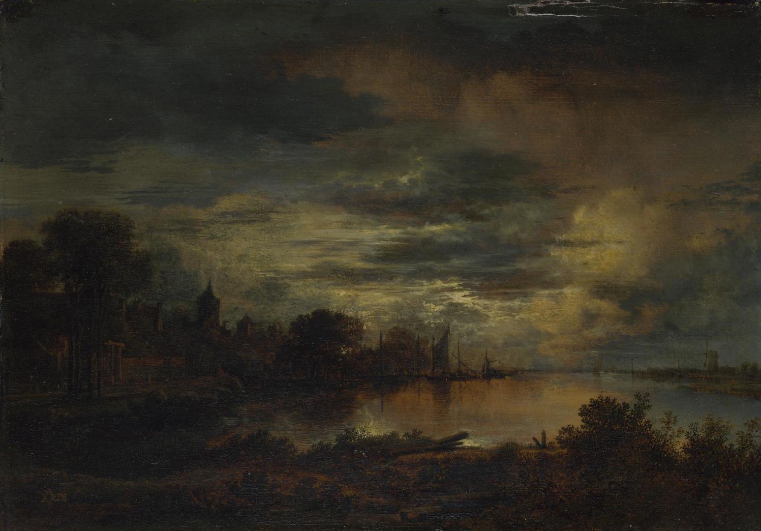 A Village by a River in Moonlight by Aert van der Neer