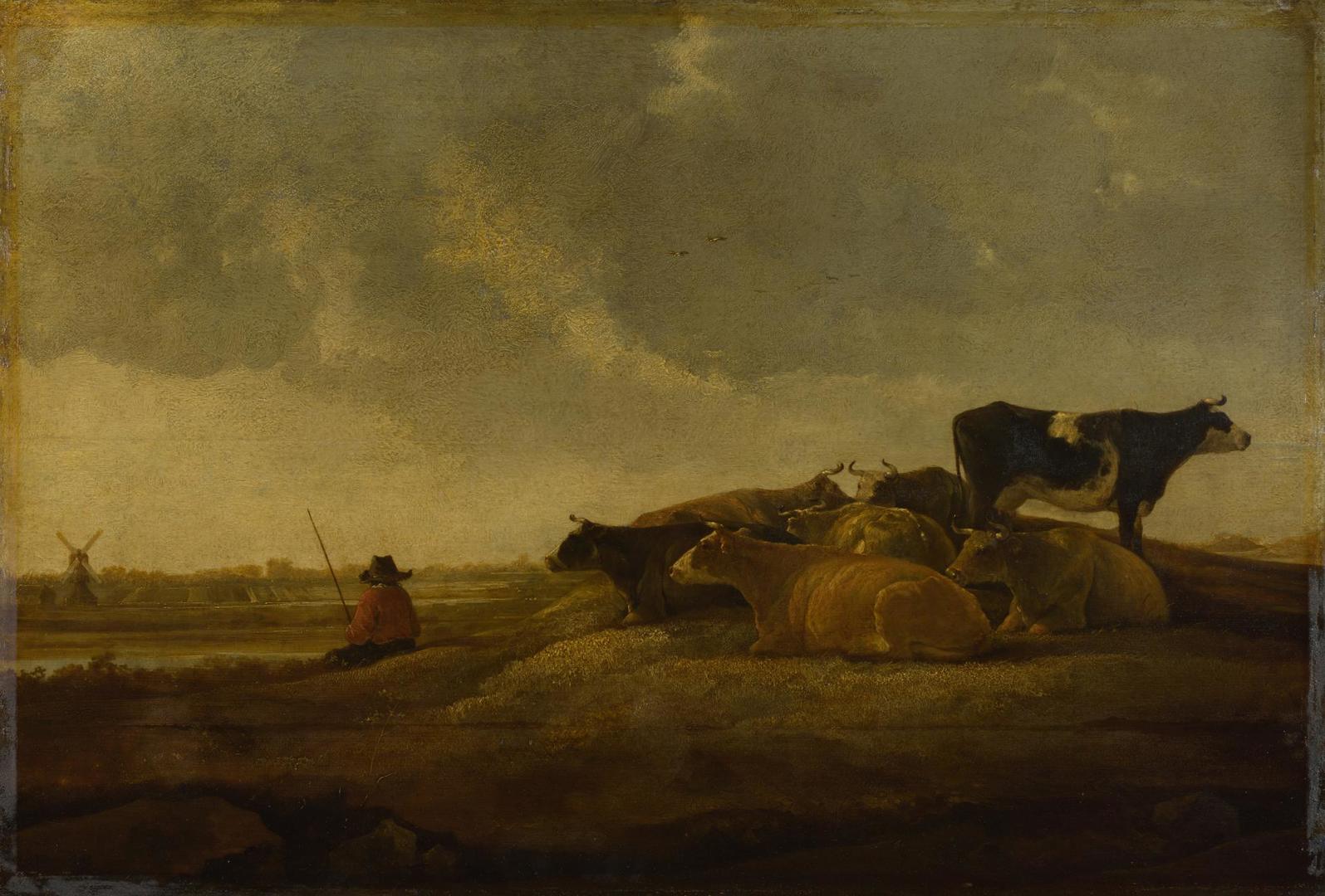 A Herdsman with Seven Cows by a River by Imitator of Aelbert Cuyp