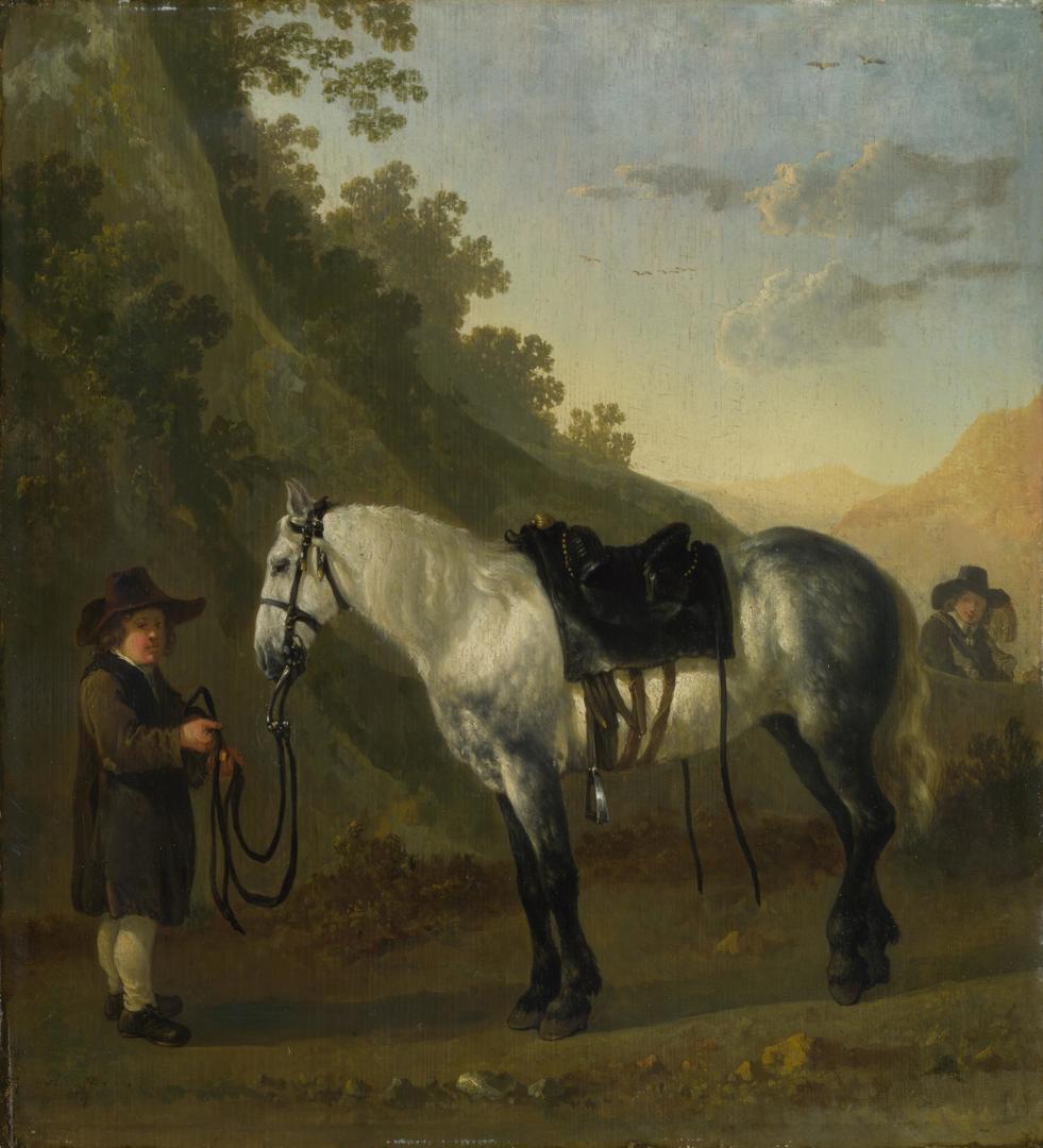 A Boy holding a Grey Horse by Probably by Abraham van Calraet
