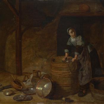 A Woman scouring a Pot