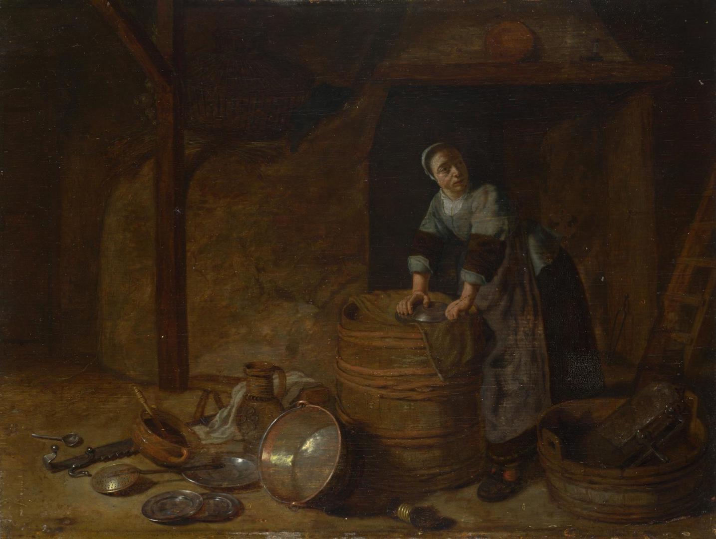 A Woman scouring a Pot by Possibly by Pieter van den Bosch
