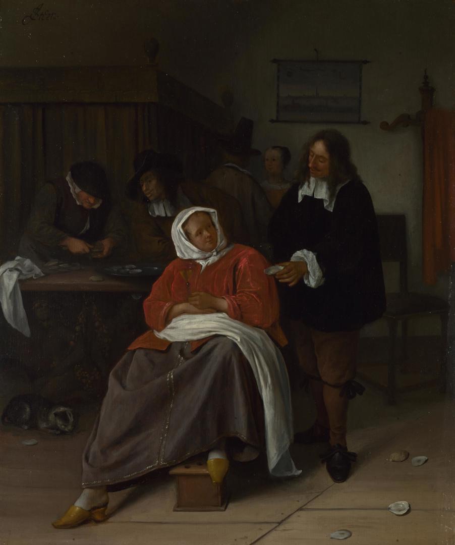 An Interior with a Man offering an Oyster to a Woman by Jan Steen