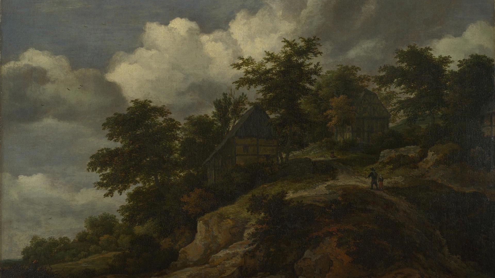 A Rocky Hill with Three Cottages, a Stream at its Foot by Jacob van Ruisdael