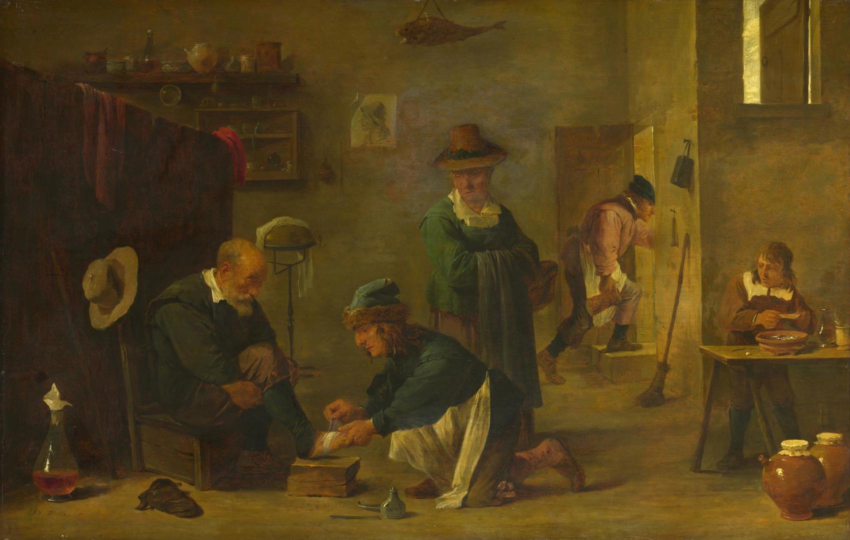 A Doctor tending a Patient's Foot in his Surgery by Imitator of David Teniers the Younger