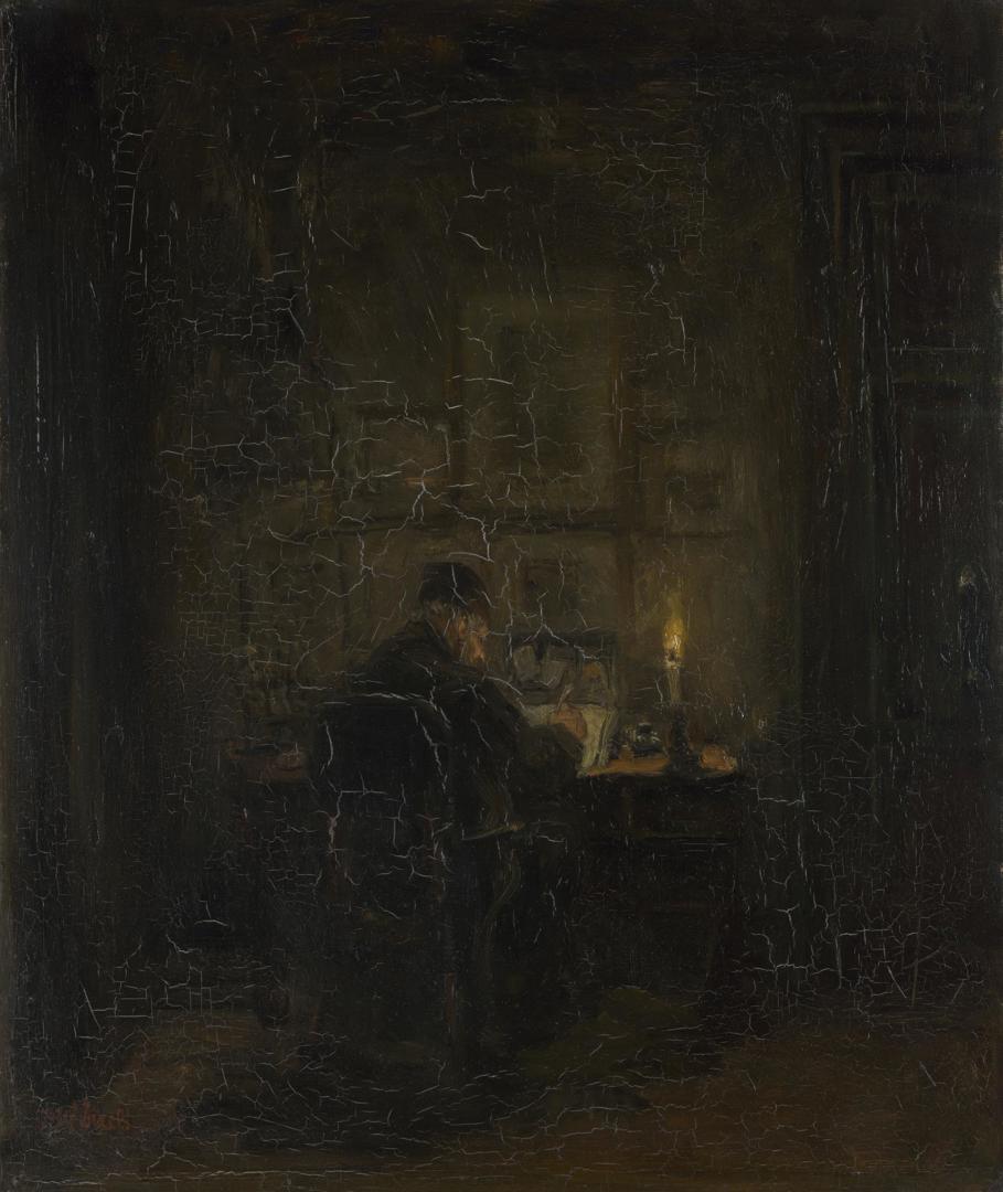 An Old Man writing by Candlelight by Jozef Israëls