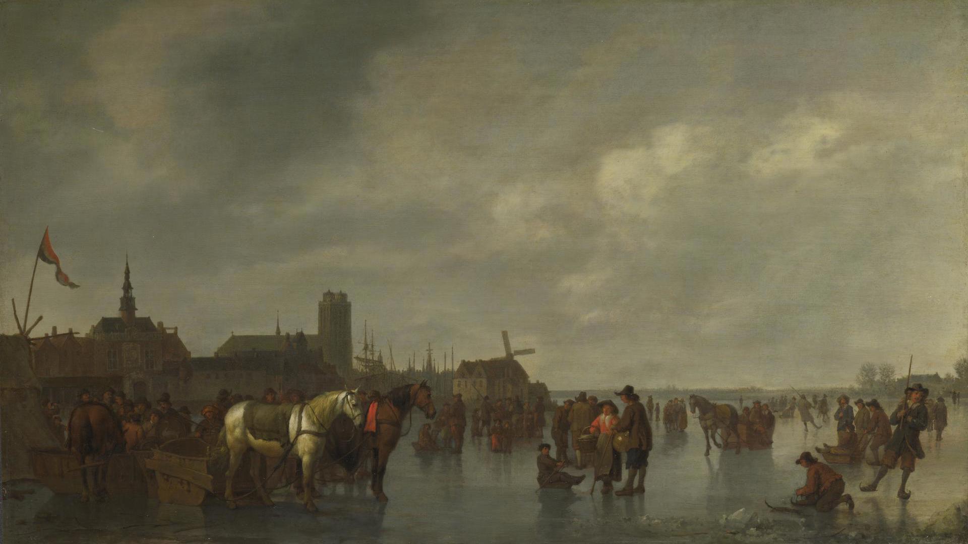 Scene on the Ice outside Dordrecht by Abraham van Calraet