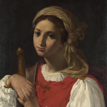 A Female Figure resting on a Sword