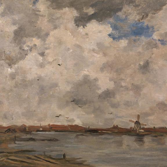 A Windmill and Houses beside Water: Stormy Sky