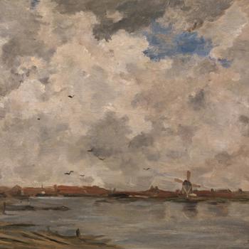 A Windmill and Houses beside Water: Stormy Sky