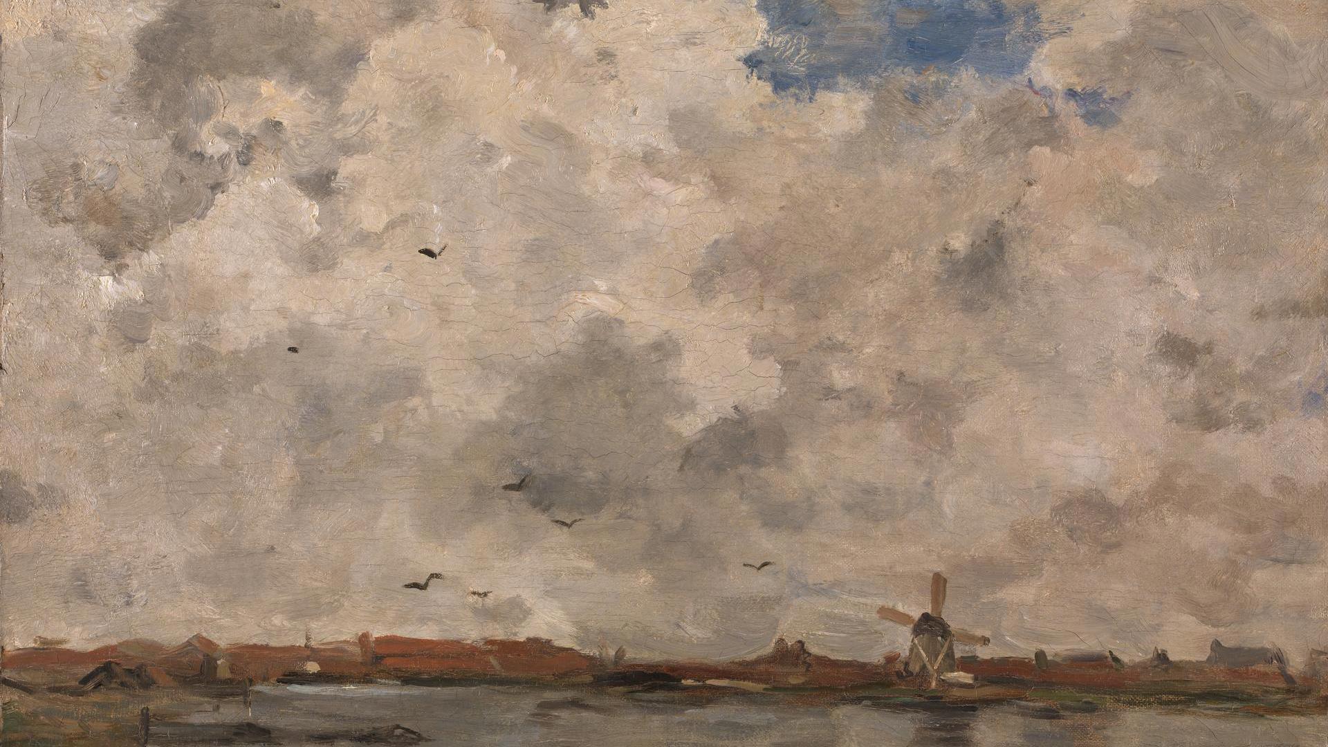 A Windmill and Houses beside Water: Stormy Sky by Jacob Maris