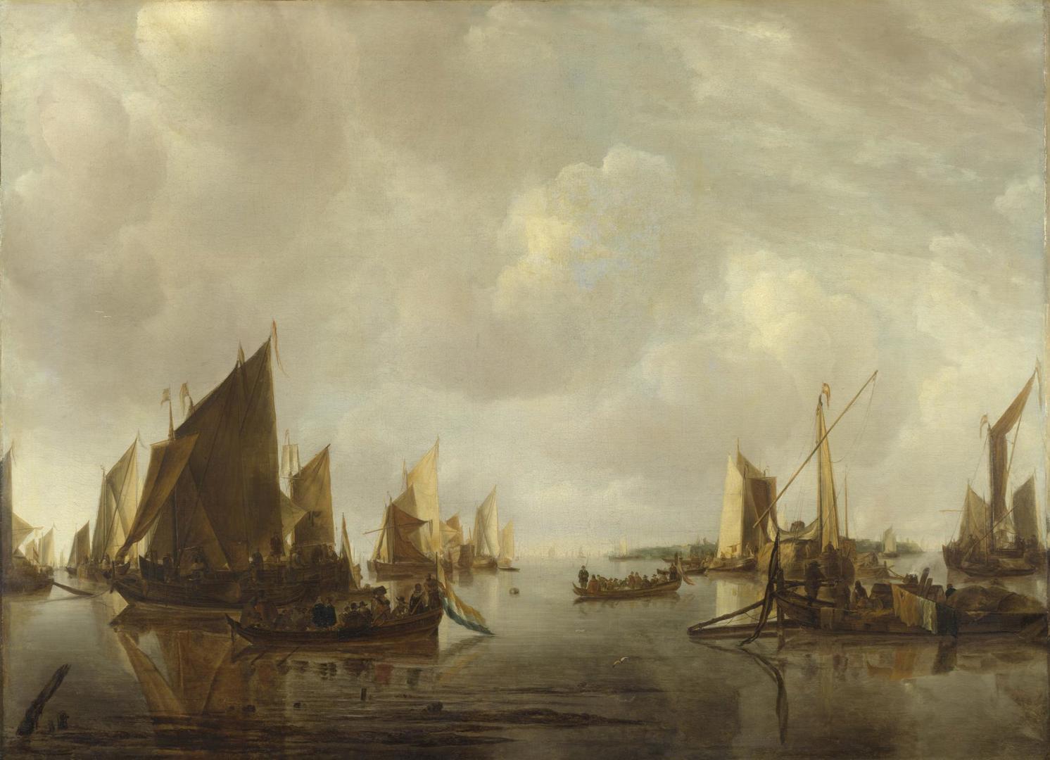 A River Scene with Dutch Vessels Becalmed by Jan van de Cappelle
