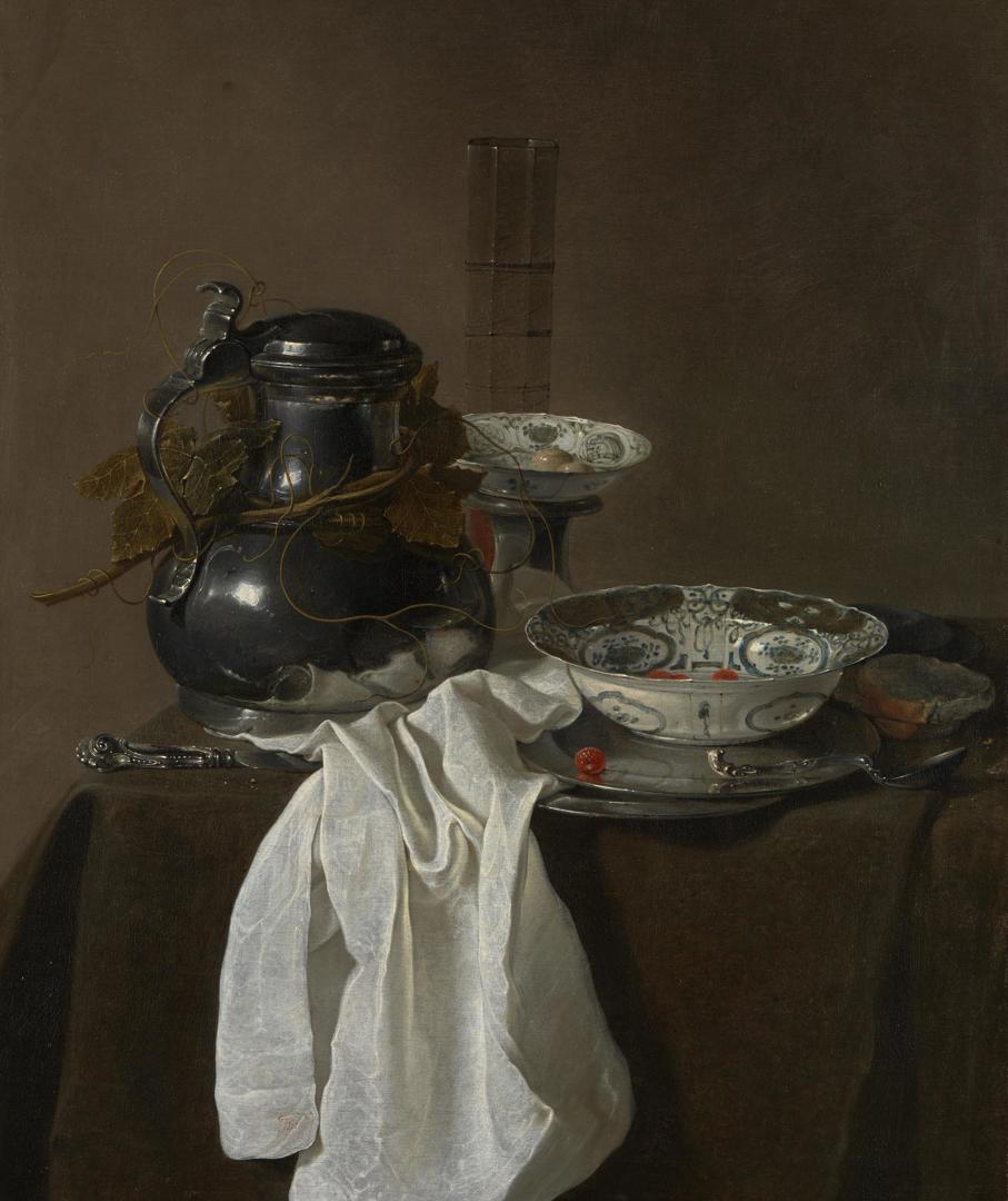 Still Life with a Pewter Flagon and Two Ming Bowls by Jan Jansz. Treck