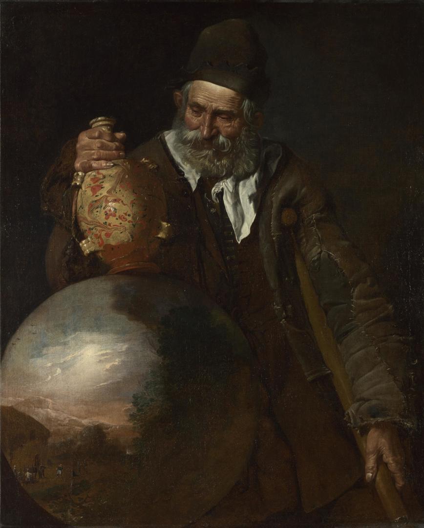 An Old Man holding a Pilgrim-Bottle by Italian