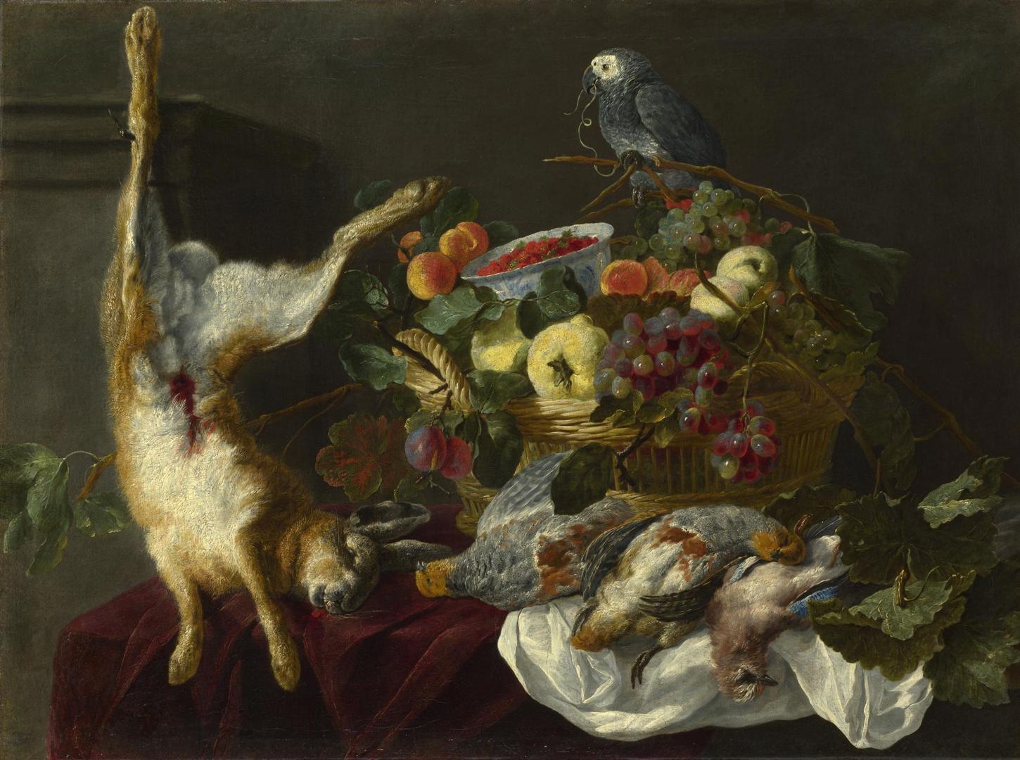 A Still Life with Fruit, Dead Game and a Parrot by Probably by Jan Fyt