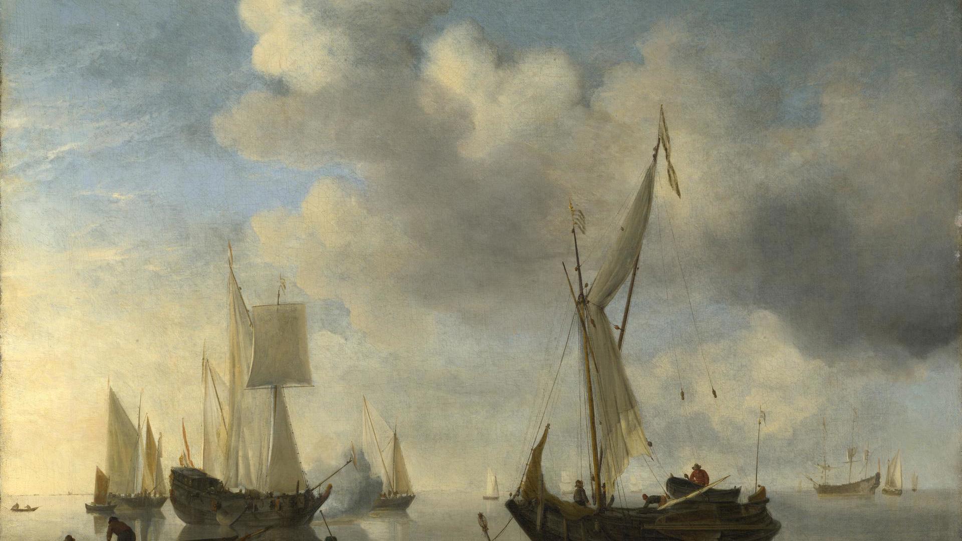 Dutch Vessels lying Inshore in a Calm, one Saluting by Willem van de Velde