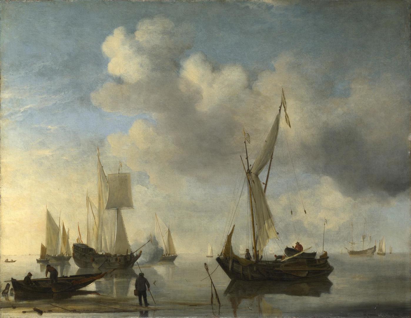 Dutch Vessels lying Inshore in a Calm, one Saluting by Willem van de Velde
