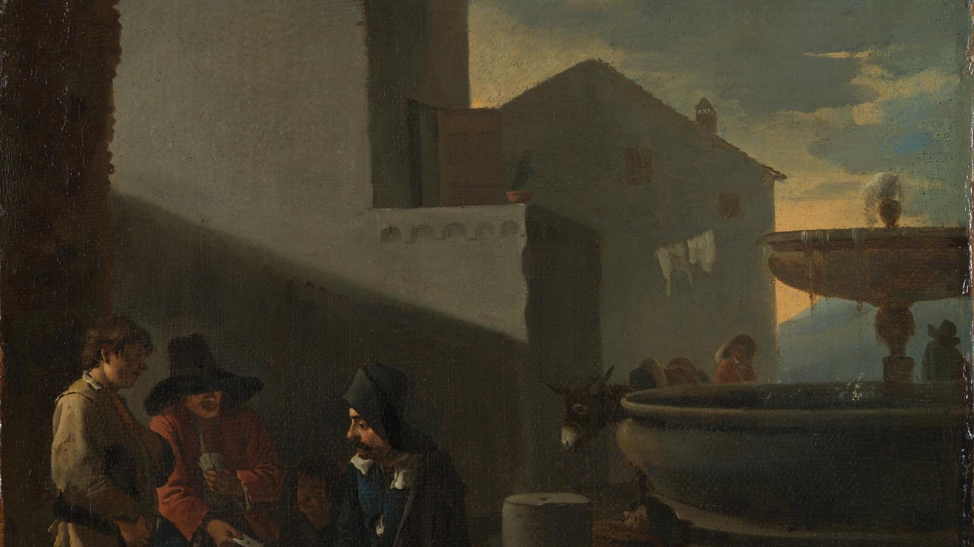 Roman Street Scene with Card Players by Possibly by Jan Lingelbach