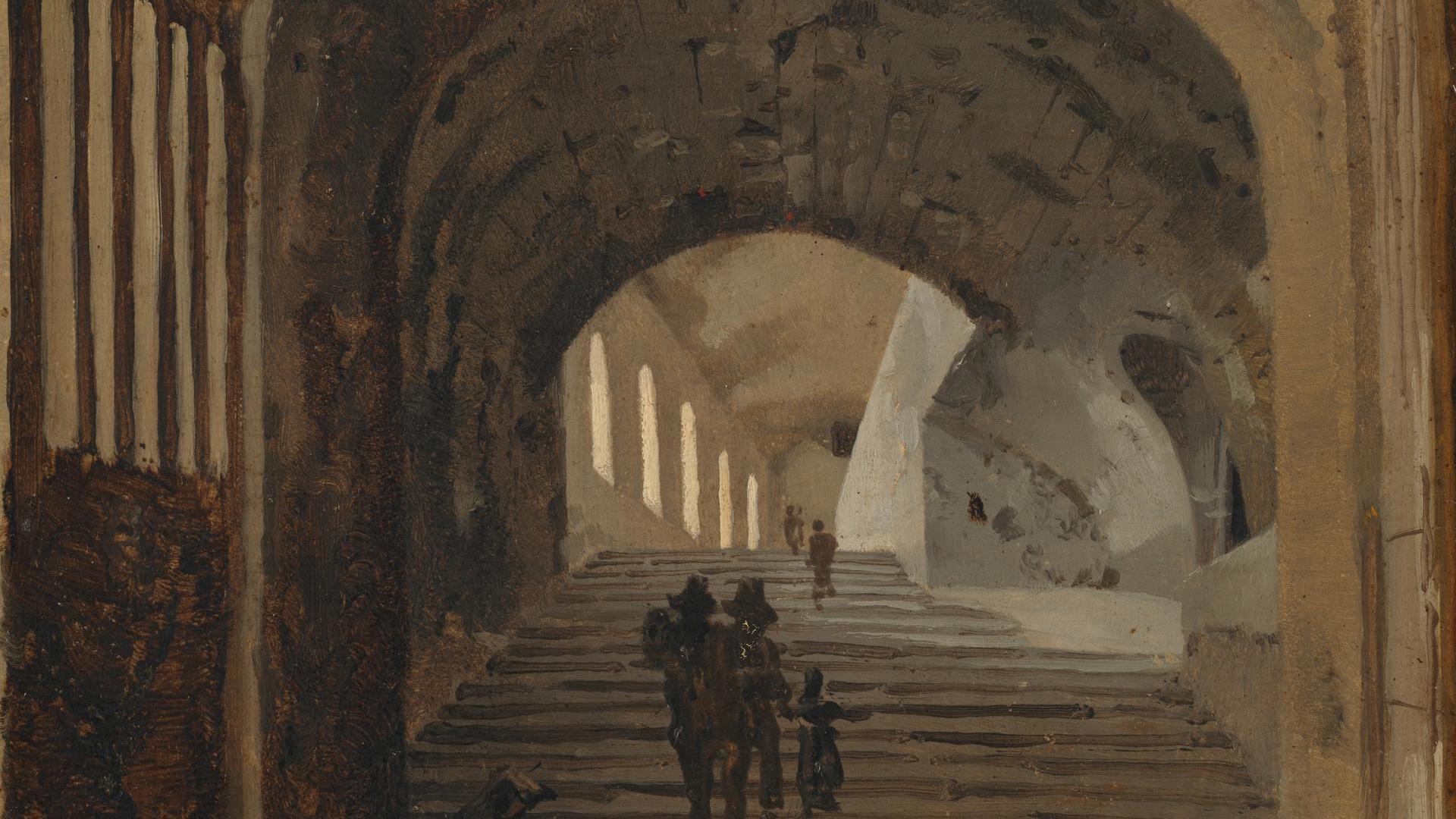Staircase in the Villa of Maecenas, Tivoli by Probably by Jean-Baptiste-Camille Corot