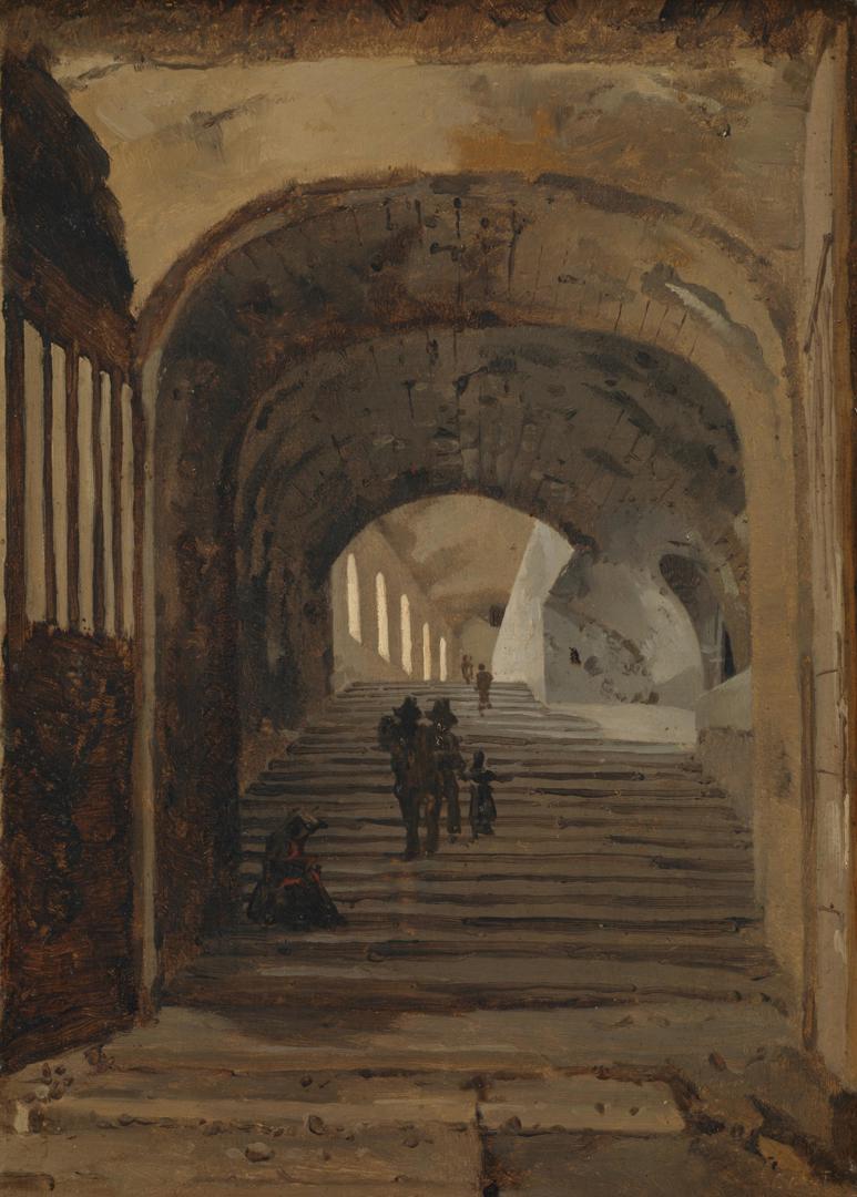 Staircase in the Villa of Maecenas, Tivoli by Probably by Jean-Baptiste-Camille Corot