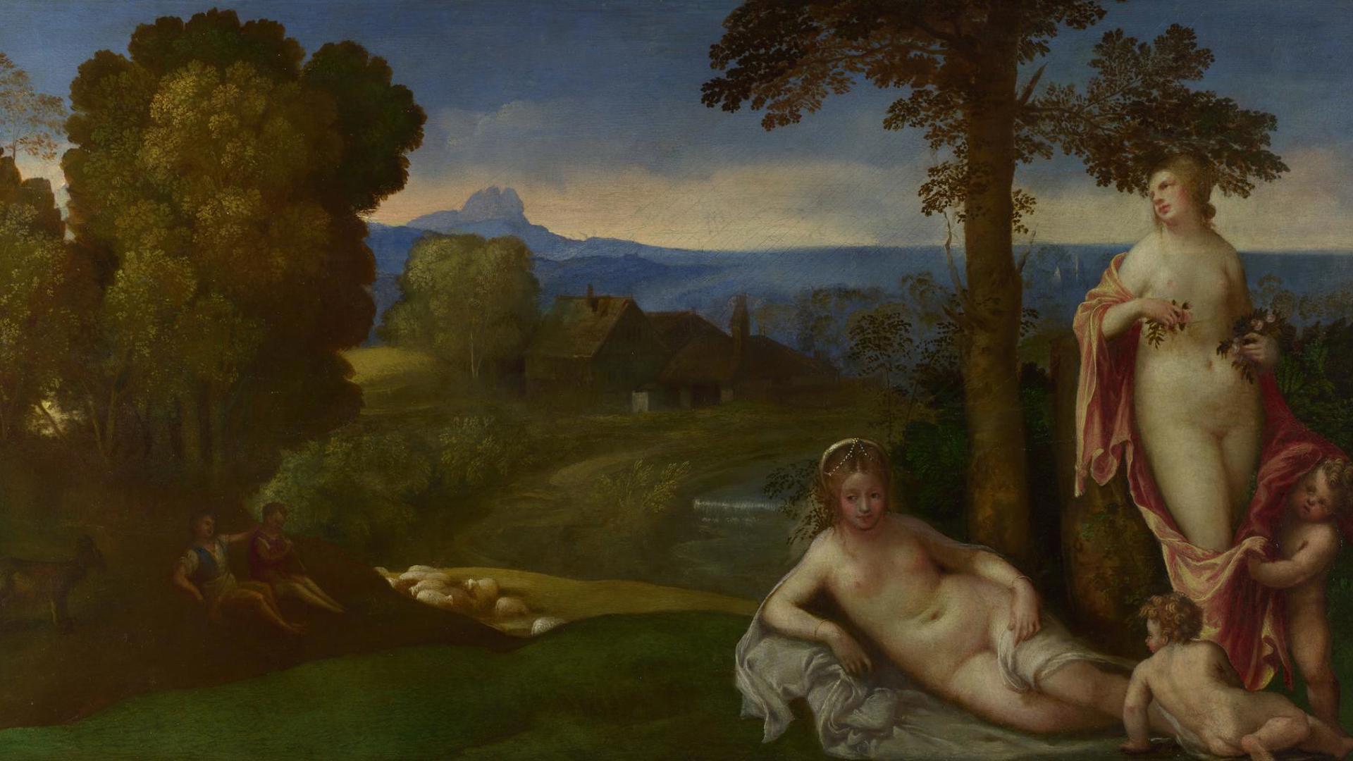 Nymphs and Children in a Landscape with Shepherds by Imitator of Giorgione
