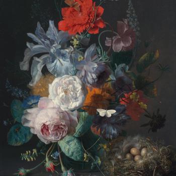 Glass Vase with Flowers, with a Poppy and a Finch Nest