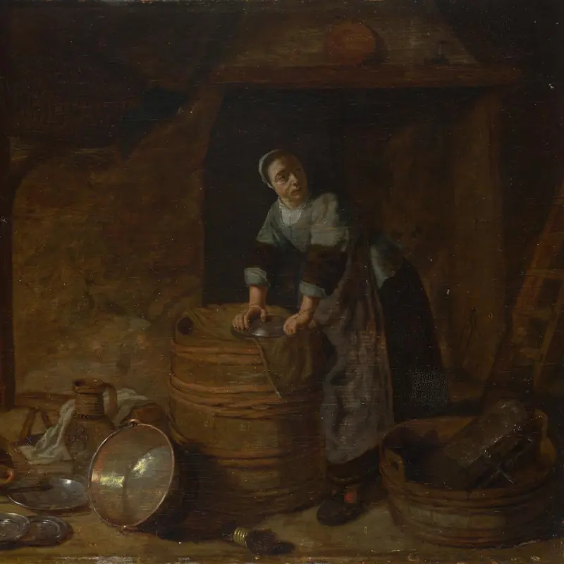 A Woman scouring a Pot
