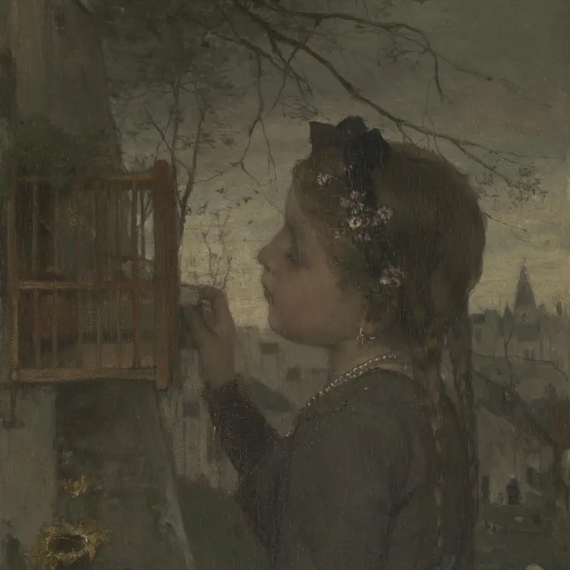 A Girl feeding a Bird in a Cage