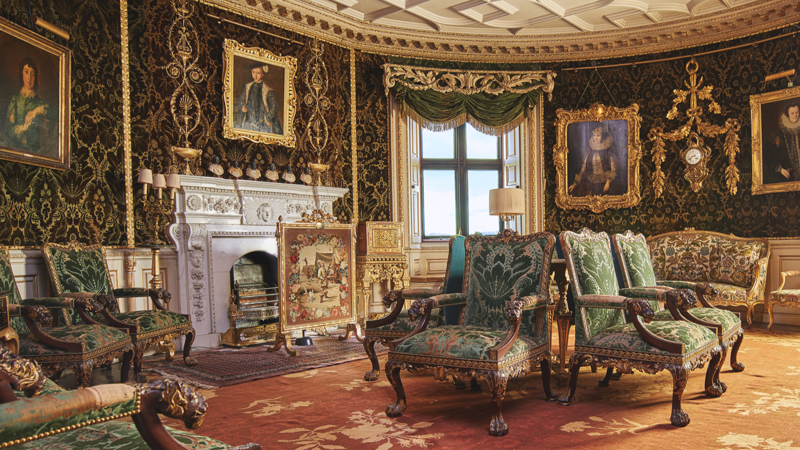 An interior shot of the Green Velvet Drawing Room at Longford Castle