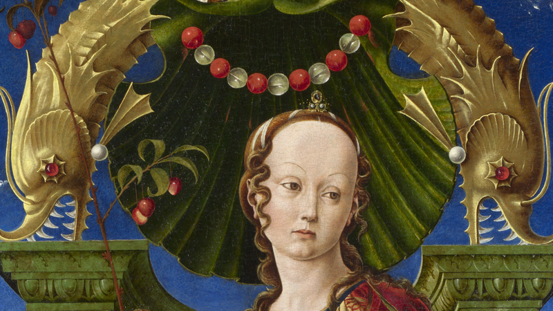 Detail of Cosimo Tura, 'A Muse (Calliope?)' (detail), probably 1455–60. Muse's head with two dolphin-like creatures adorned with spikes and rubies for eyes arching over her