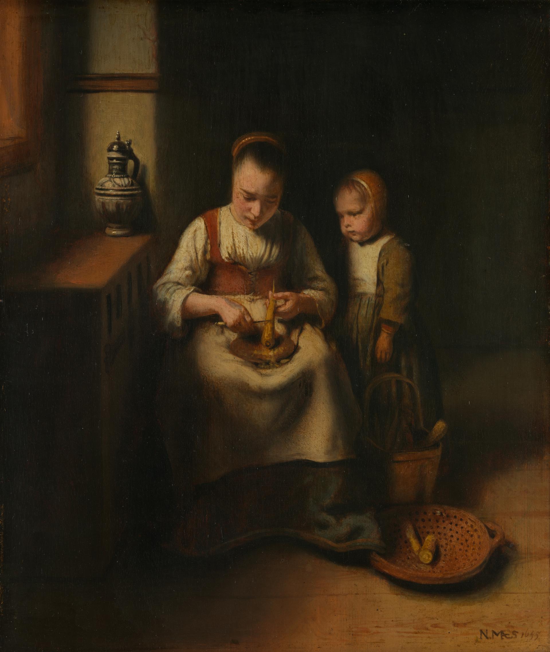 A Woman scraping Parsnips, with a Child standing by her